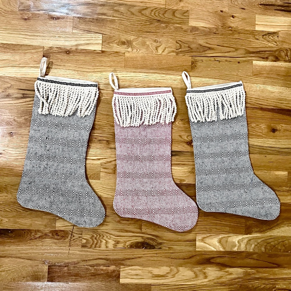 Set of 3 Christmas Woven Fringe Stockings